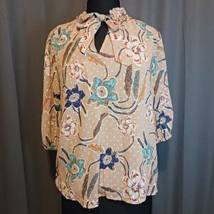 Joie Cottagecore Floral Swiss Dot Tie Neck Blouse Ruffle Top Medium